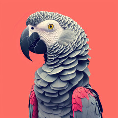 Fototapeta premium A vividly rendered digital illustration of a grey parrot with a cracked beak and pink highlights against a coral background.