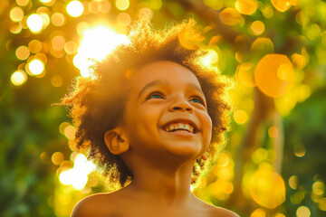 Fototapeta premium A carefree Afro-American child laughing and playing in the summer sunshine, embodying the joy and innocence of youth.