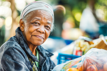 A compassionate elderly Afro-American woman volunteering at a local charity, making a difference in the lives of those in need.