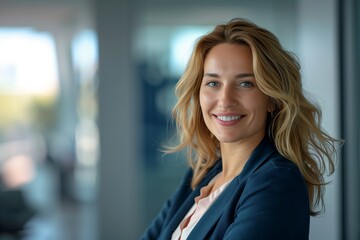 Professional businesswoman in city, smiling, standing by office building. Successful, confident female executive in suit, modern urban lifestyle.