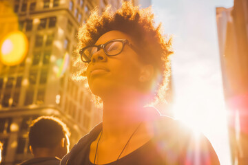 A compassionate young Afro-American activist leading a protest in a sunlit city square, their message amplified by the brilliance of the sunlight.