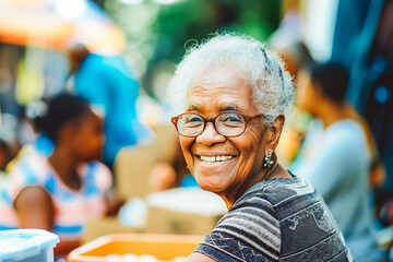 A compassionate elderly Afro-American woman volunteering at a local charity, making a difference in the lives of those in need.