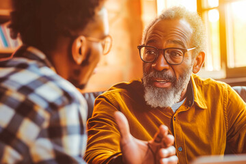 A determined elderly Afro-American man mentoring a younger colleague in a sunlit office, his words of wisdom illuminated by the warm, diffused light.