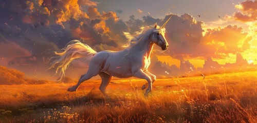 Obraz na płótnie Canvas A graceful unicorn galloping gracefully across a golden meadow as the sun sets in the distance. 