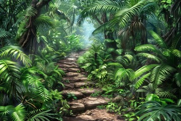 Fototapeta premium A vibrant painting showcasing a winding path cutting through lush greenery of the jungle, with a sense of mystery and adventure.