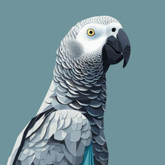Obraz premium Stunning close-up digital illustration of a detailed grey parrot on a pale blue background, focusing on the texture of its feathers.