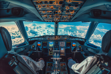 Fototapeta premium Two pilots seats in cocpit during the flight in the sky above the clouds