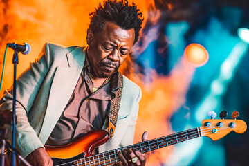 Obraz premium An accomplished Afro-American musician performing on stage with passion and flair, captivating audiences with the power of music.