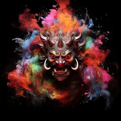 Abstract Colorful Illustration of an Oni on a Black Background