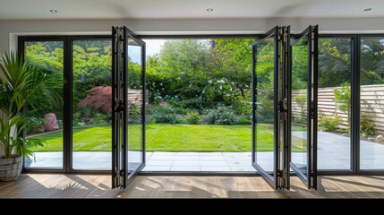 A beautiful garden and patio in summer are seen from a stylish designer room through bifold doors