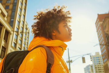 An adventurous Afro-American teenager exploring the city streets in the bright afternoon sun, their curiosity piqued by the high-key urban landscape.