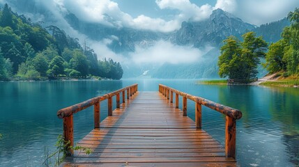 wooden pier by the lake with blue clouds