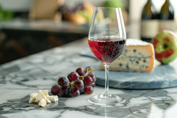 Naklejka premium Glass of wine and a piece of cheese on a plate with grapes on a marble table