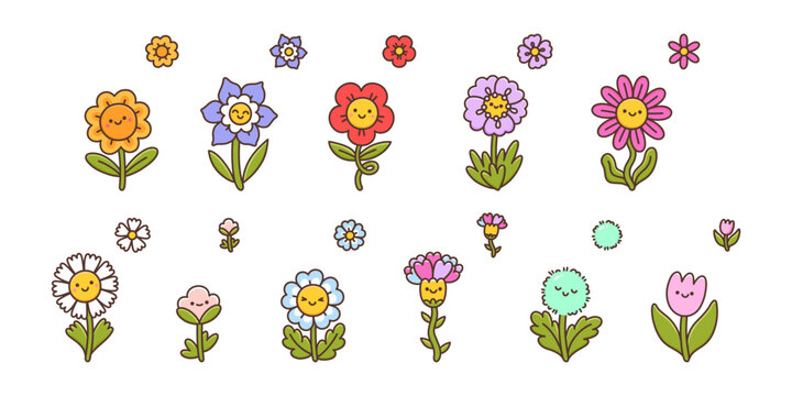 Set with different cartoon flowers with happy emotions. Blooming plants with happy smiling face. Cute сolorful decoration elements. Vector illustration isolated on white background