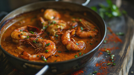 Spicy Shrimp Stew in a pan, on a wooden table  food photo for cook book