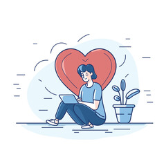 Young woman sits comfortably using laptop, large heart background, suggesting love digital work. Casual clothes suggest relaxed environment, techfriendly scenario. Potted plant adds touch nature