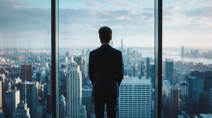 Businessman in suit, standing by window, contemplating city skyline. Modern office setting, representing leadership, success in corporate world.
