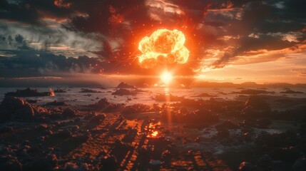 Dramatic apocalyptic scene with a massive explosion at sunset over a rugged coastal landscape,...