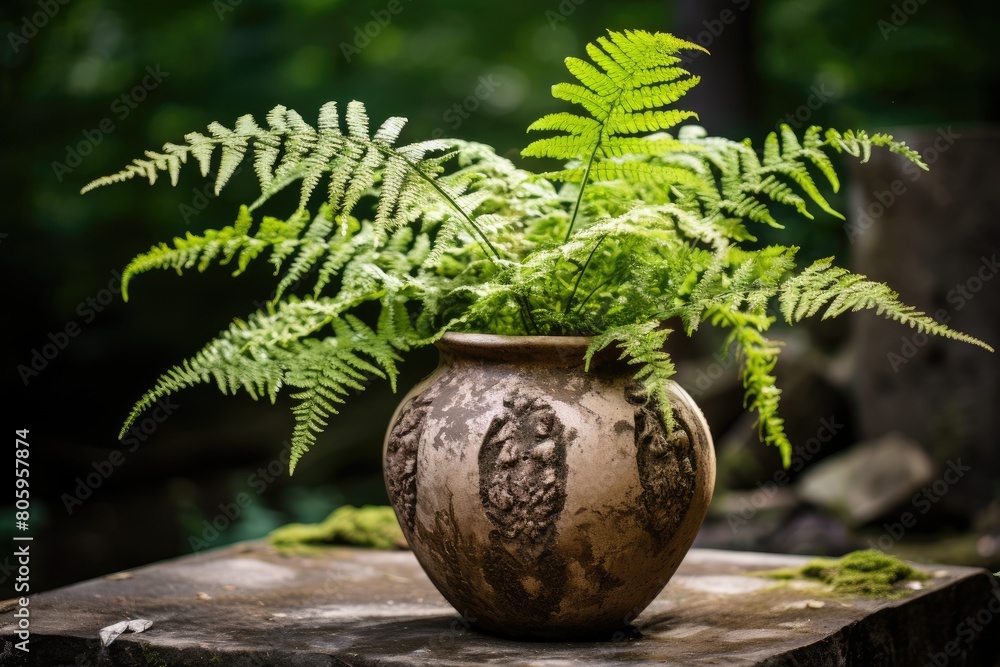 Wall mural Ferns in a rustic ceramic pot.