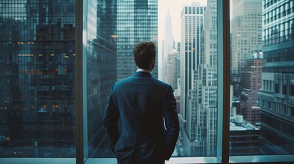 Thoughtful businessman in suit, standing by window, overlooking city skyline. Concept of global business leadership, creative and successful corporate management. - Powered by Adobe