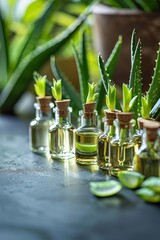 Aloe Vera extract in a small bottle and pieces on the table. Selective focus, Generative AI,