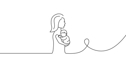 Mother's Day line art illustration. Woman hold baby. Vector