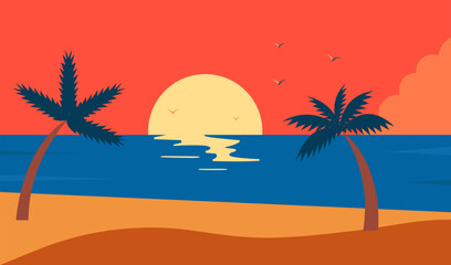 Sunset summer tropical beach. Summer beach background. Vector illustration