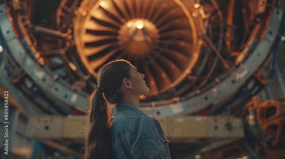 Wall mural Under the towering jet engine A female trainee aircraft maintenance engineer will learn her career path through hands-on experience.