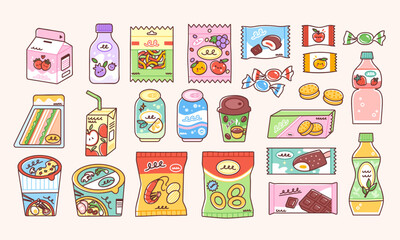 Snack food including instant ramen, bag of chips, soda cans, chocolate, ice cream, candy pack, biscuits and sweet beverages. Vector illustration of junk food in cute flat style.