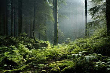 Fototapeta premium Ferns in a mystical, enchanted forest.