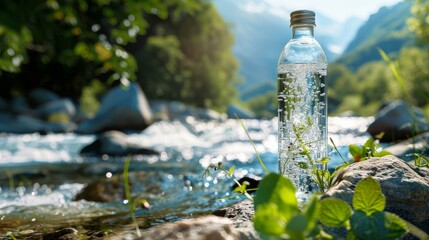 Crystal clear water in a bottle and glass against the backdrop of a mountain river and green plants