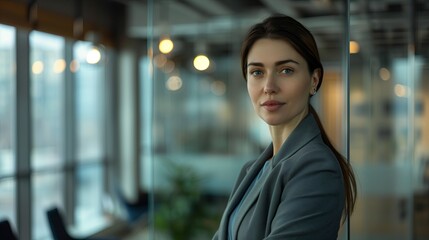 Professional women in office, confident and successful. Portrait of businesswoman with pensive look, standing by window. Corporate leadership and modern workplace.