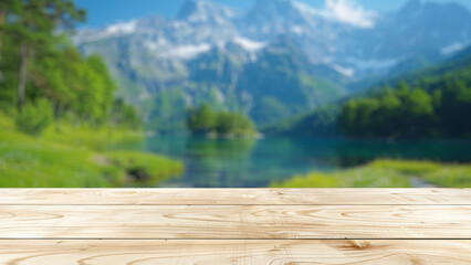 Empty wood table top with blur background of mountain and green nature