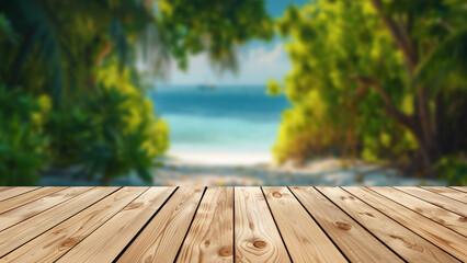 Table with blurred tropical sand beach for summer ads.