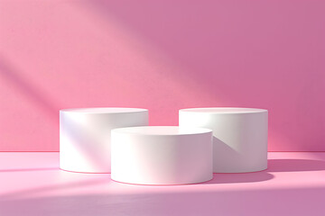 3d white podium, on pink background, composition in minimal design. Platforms for product display presentation. Stage showcase, Mockup