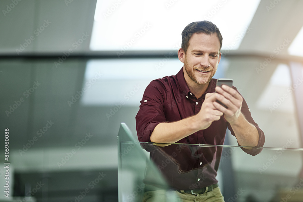 Leinwandbilder happy, businessman and chatting with phone at office for networking, communication or reading messag