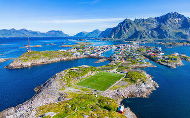 The Henningsvaer football Stadion on an island in Lofoten, Norway. Iconic soccerfield on an island...