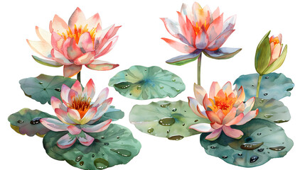 Botanical watercolor illustration set of water lily with dew drops on white background.
