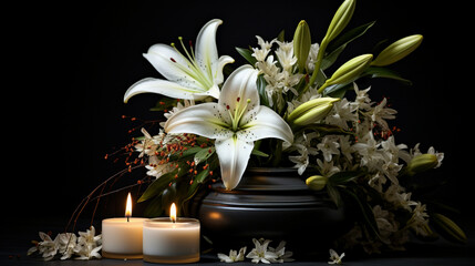 Burning candle, white lily flowers, and black funeral  background with space for text