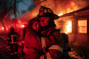 Fototapeta premium A Fireman Saves a Little Crying Girl From a Fire. A Fireman Holds a Child in his Arms against the backdrop of a burning house