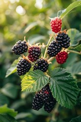 Blackberries grow in the garden. Ripe and unripe blackberries on bush Generative AI,