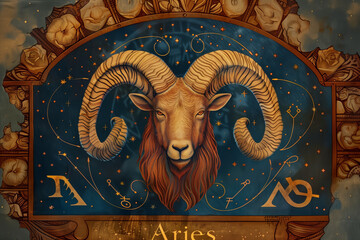 Aries zodiac symbol. Astrological stylized conceptual illustration. Astrology Aries zodiac sign with title "Aries"