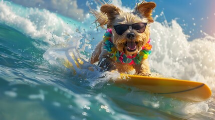 A dog with sunglasses is surfing on a yellow surfboard in the ocean. The waves are crashing around him and there is a beach in the background