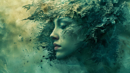 Artistic depiction of a serene forest nymph merging with nature