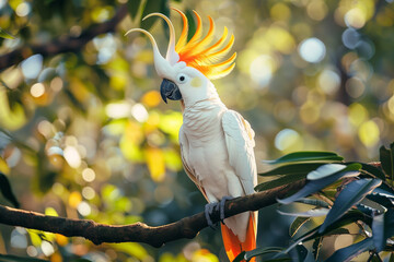 Yellow-Crested Cockatoo Bird on a branch of tree with big yellow crest
