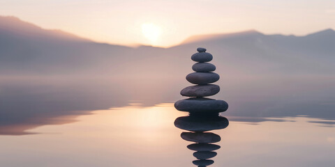 A cairn of smooth stones delicately balanced atop one another stands in still water at sunrise. The serene lake mirrors the warm hues of dawn, evoking a sense of tranquility and mindfulness