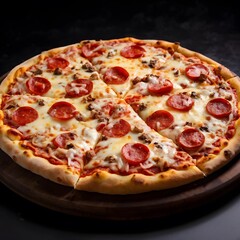 pizza with salami isolated on wooden tray