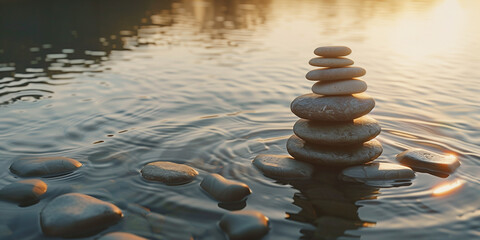 Obraz premium In a tranquil setting,a serene lake reflects the peaceful sky overhead.Standing gracefully at the water's edge are smooth stones delicately balanced on top of each other, forming an iconic zen balance
