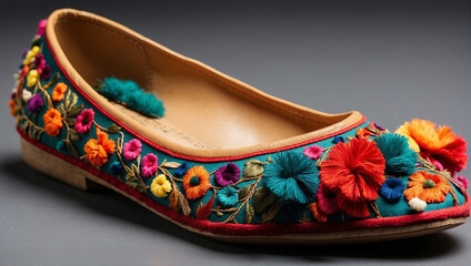 A pair of blue flats with red and yellow poms on the toes.

