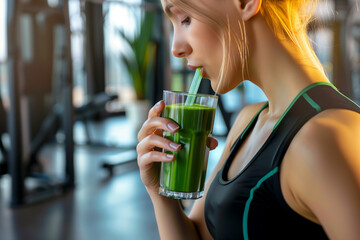 Woman drinking green smoothie post workout at gim, healthy life concept